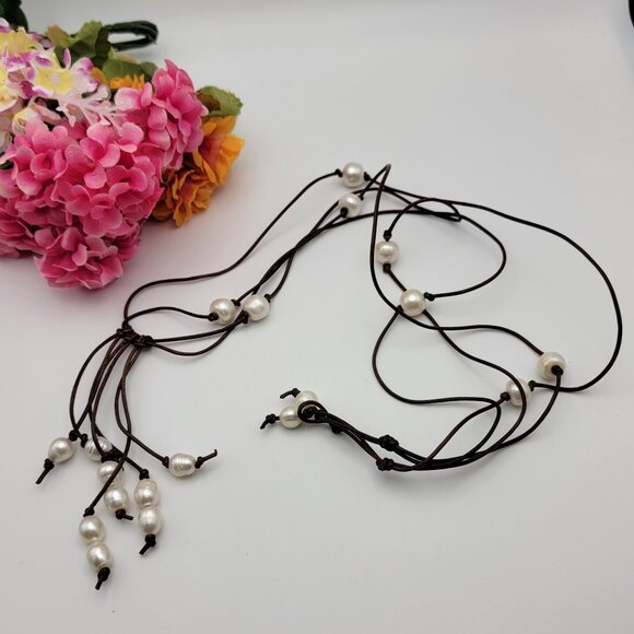 Bohemian White Baroque Pearl Brown Leather Cord Tassel Toggle Necklace 38" - Picture 1 of 9
